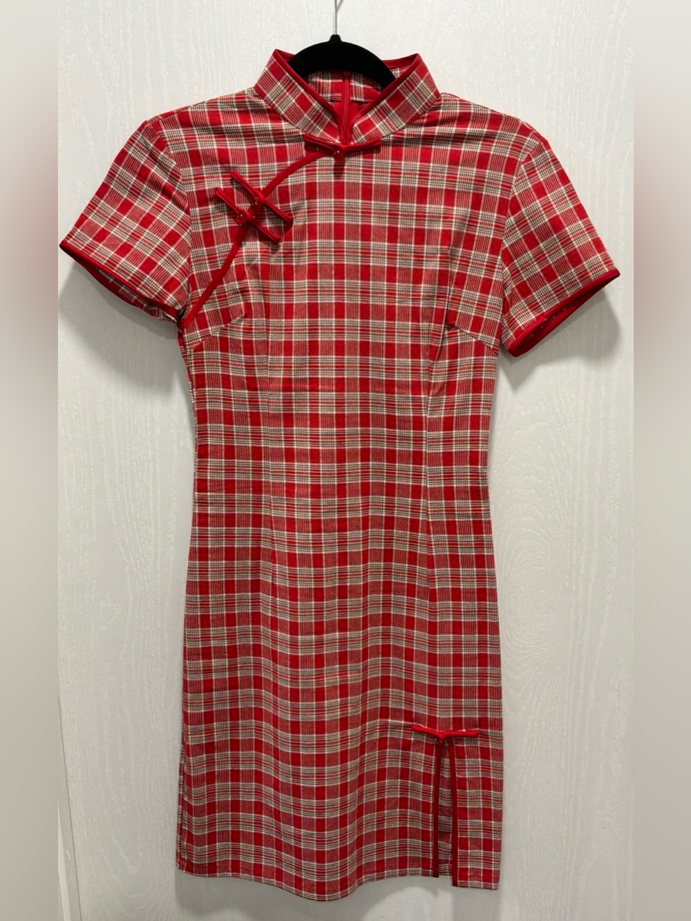 Red Plaid Short Qipao/ Cheongsam Dress